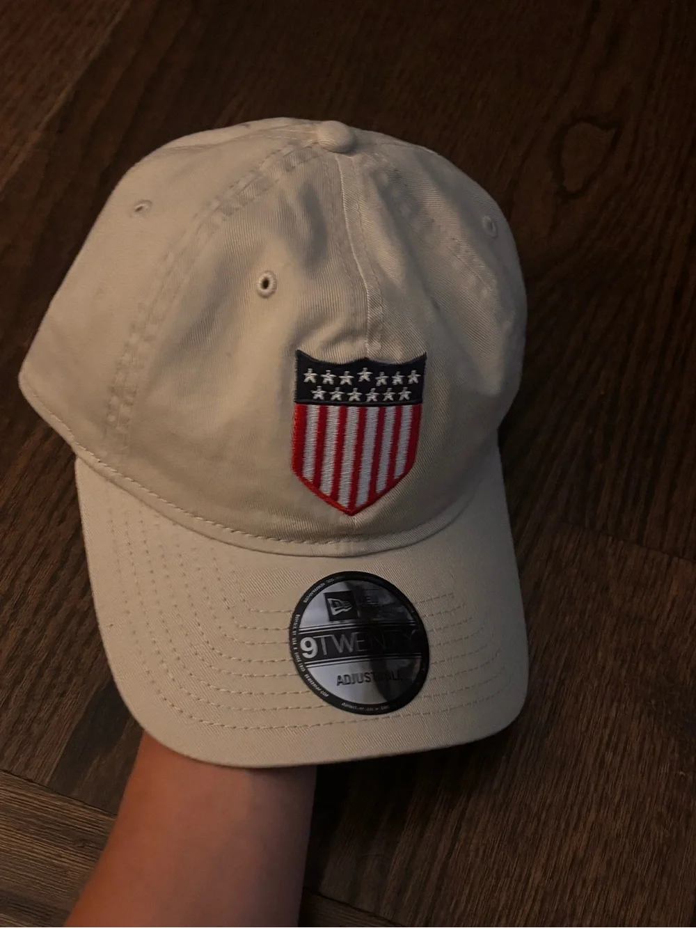 New Era Beige Baseball Cap with Red, White & Blue Shield Patch